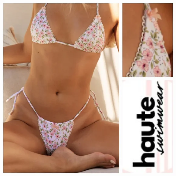 HAUTE swim pink poppies green leaves ribbon bows edging triangle string bikini - Picture 1 of 17